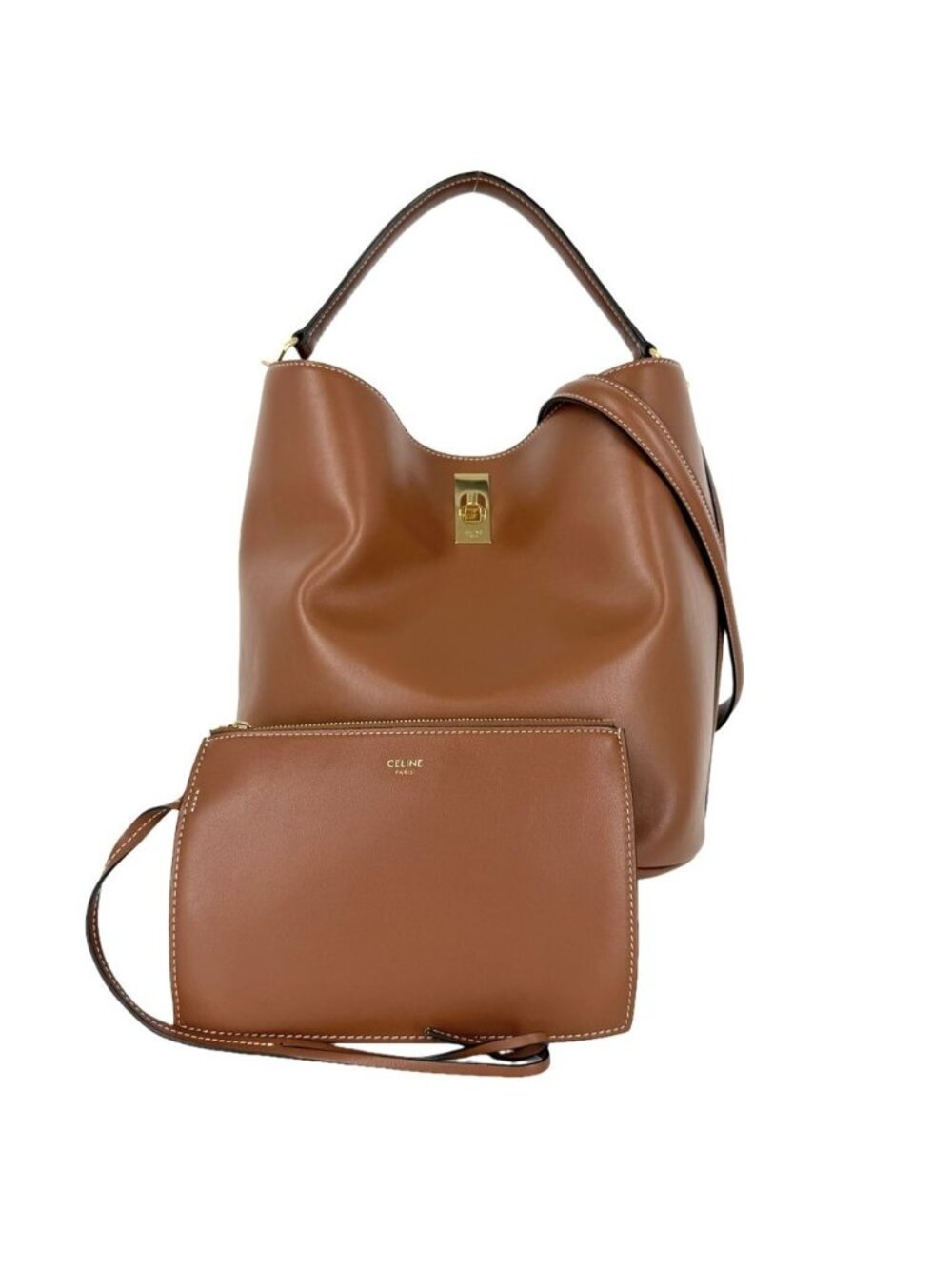 Celine Big 2-Way Bucket 16 Shoulder Bag Leather Brown Gold